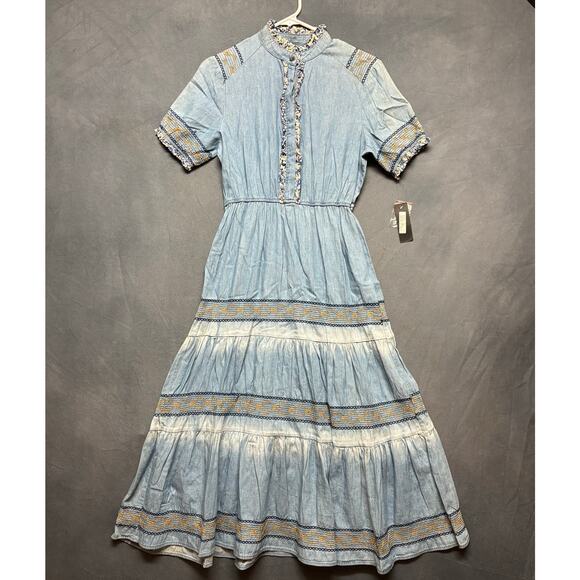 Lapis Embroidered Chambray Maxi Dress S Blue Cottagecore Hippy Boho Soft Denim - Picture 1 of 11